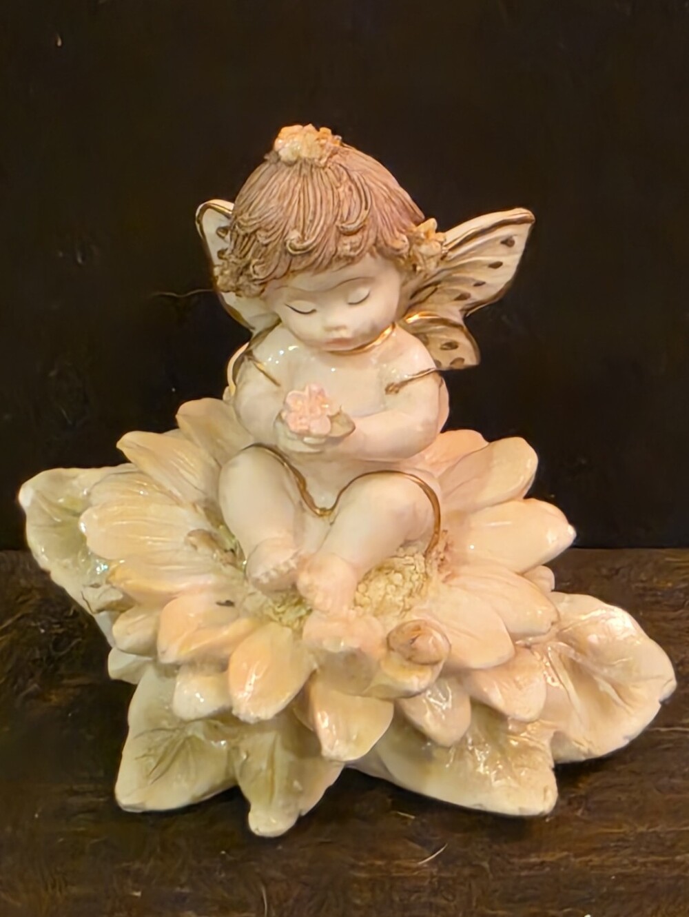 Vintage Baby Cherub Angel Figurine Seated On Flower Gold Trim Pixie Fairy